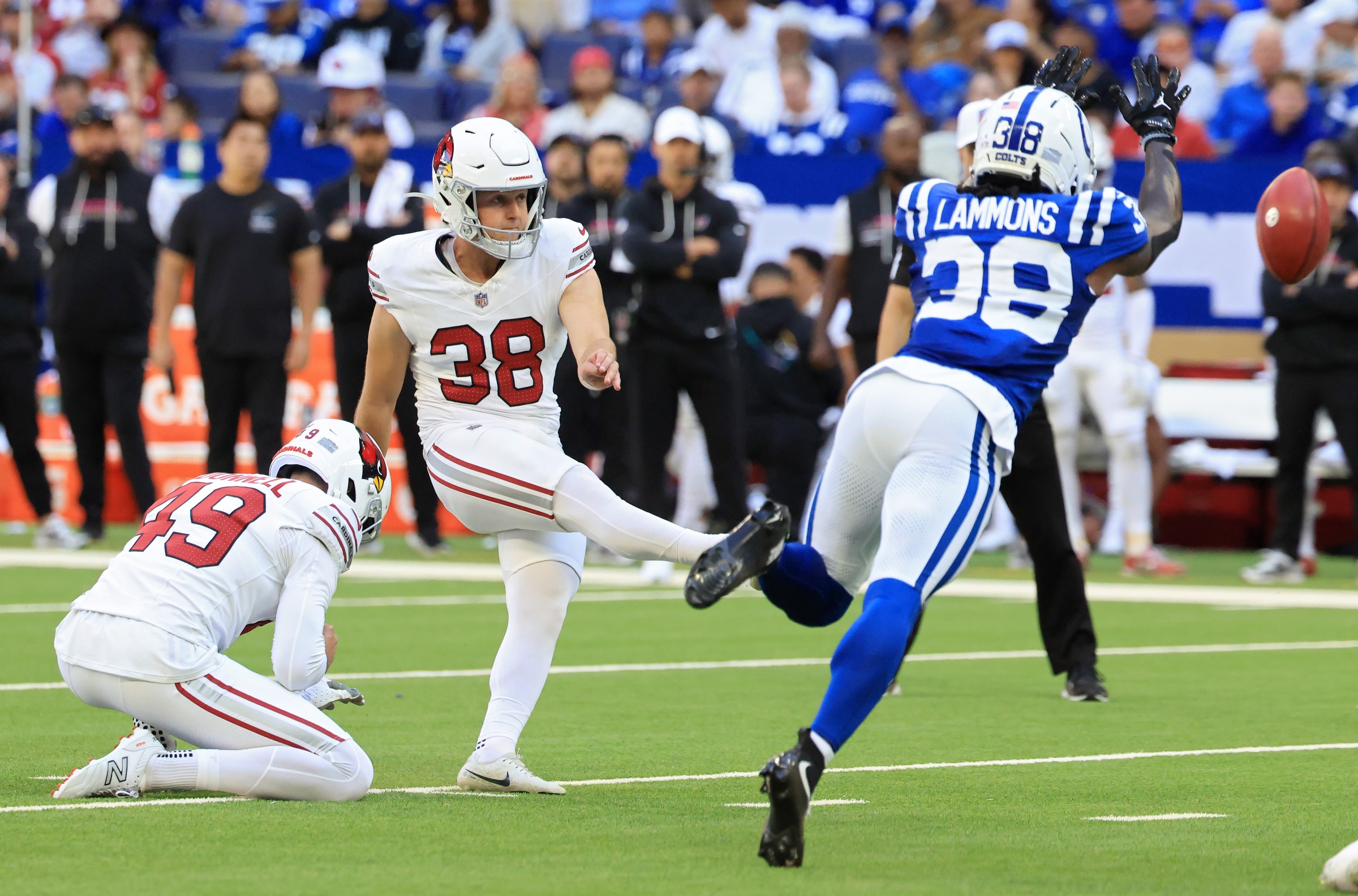 INDIANAPOLIS, INDIANA - OCTOBER 12: Chad Ryland #38 of the Arizona Cardinals kicks a field goal against the Indianapolis Colts during the second quarter in the game at Lucas Oil Stadium on October 12, 2025 in Indianapolis, Indiana. (Photo by Justin Casterline/Getty Images)