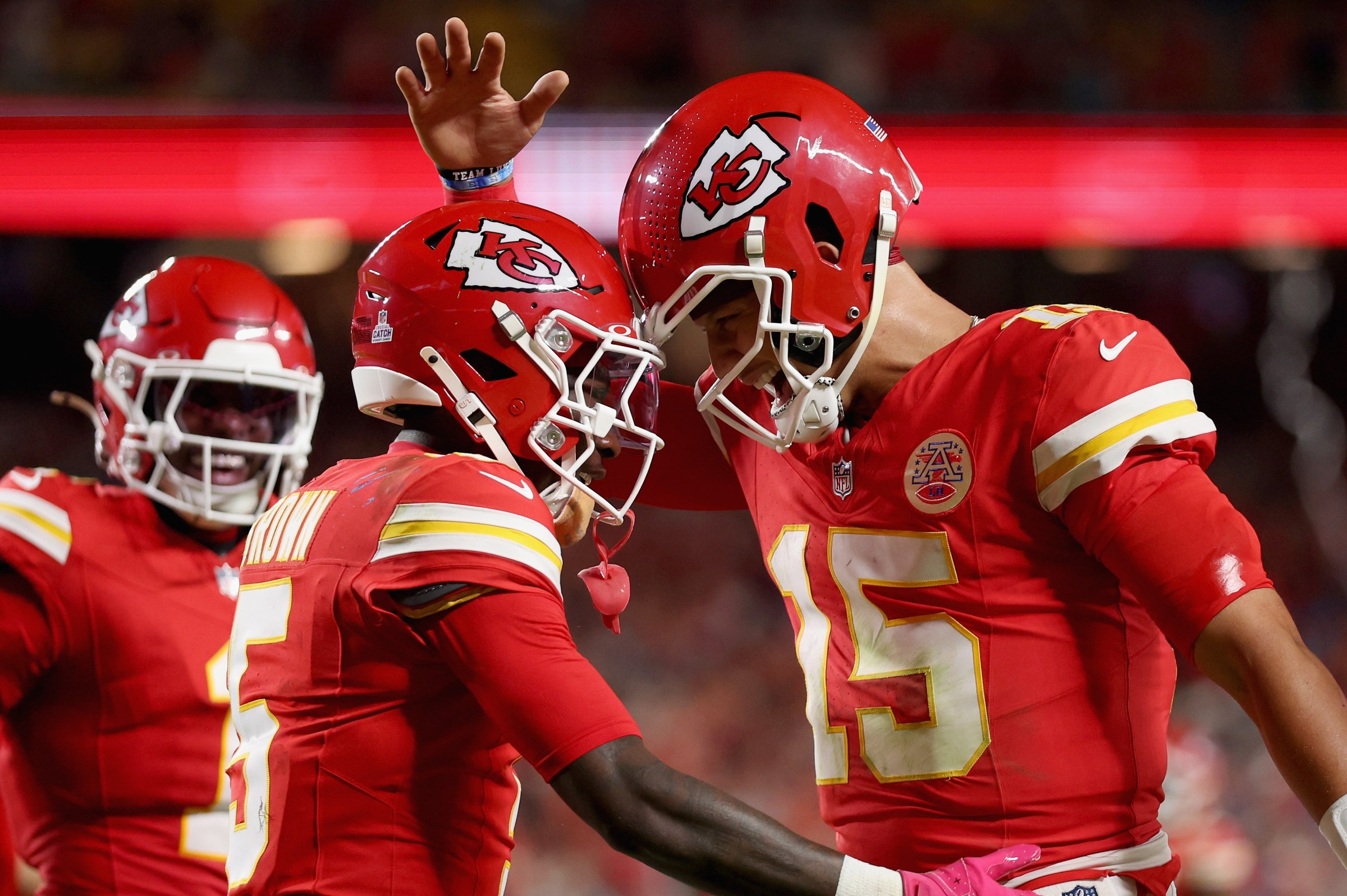 KANSAS CITY, MISSOURI - OCTOBER 12: Marquise Brown #5 and Patrick Mahomes #15 of the Kansas City Chiefs celebrate after a touchdown against the Detroit Lions during the third quarter in the game at Arrowhead Stadium on October 12, 2025 in Kansas City, Missouri. (Photo by Jamie Squire/Getty Images)