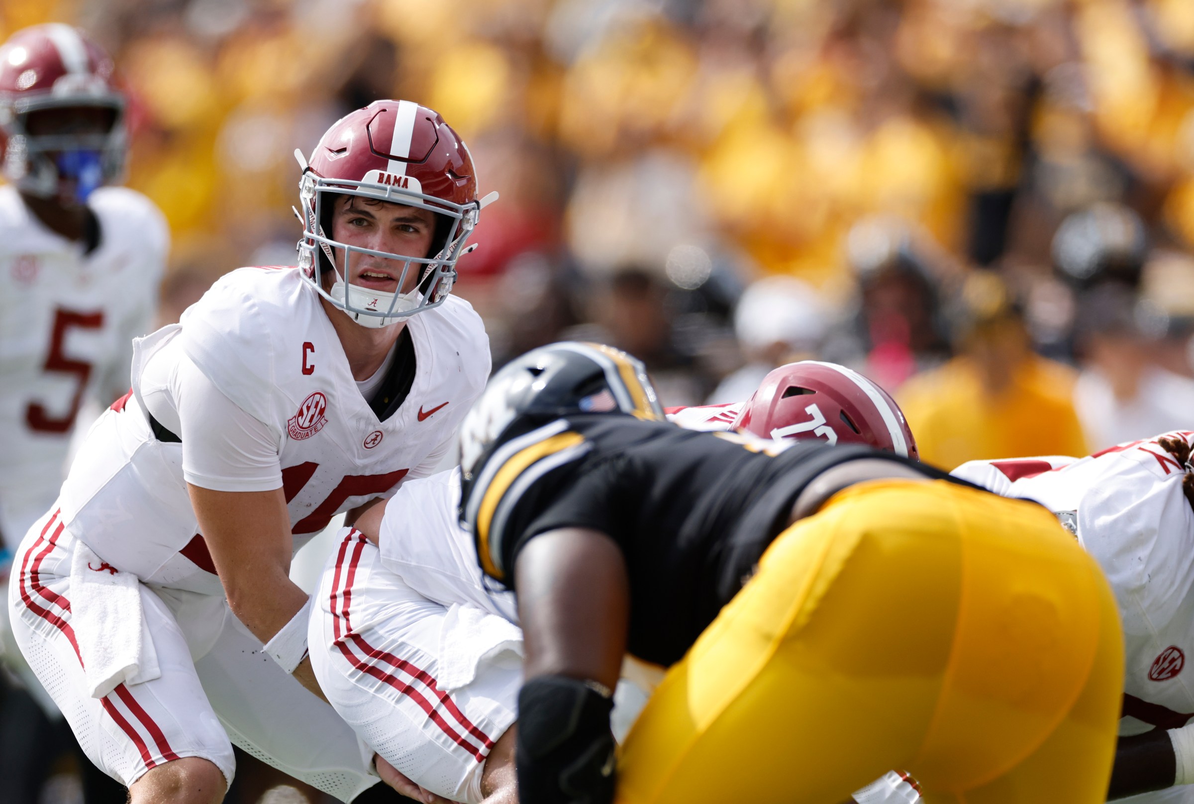 COLUMBIA, MO - OCTOBER 11: Ty Simpson #15 of the Alabama Crimson Tide stands over center before taking the snap during a college football game against the Missouri Tigers on October 11, 2025 at Memorial Stadium/Faurot Field in Columbia, Missouri. (Photo by Joe Robbins/Icon Sportswire via Getty Images)