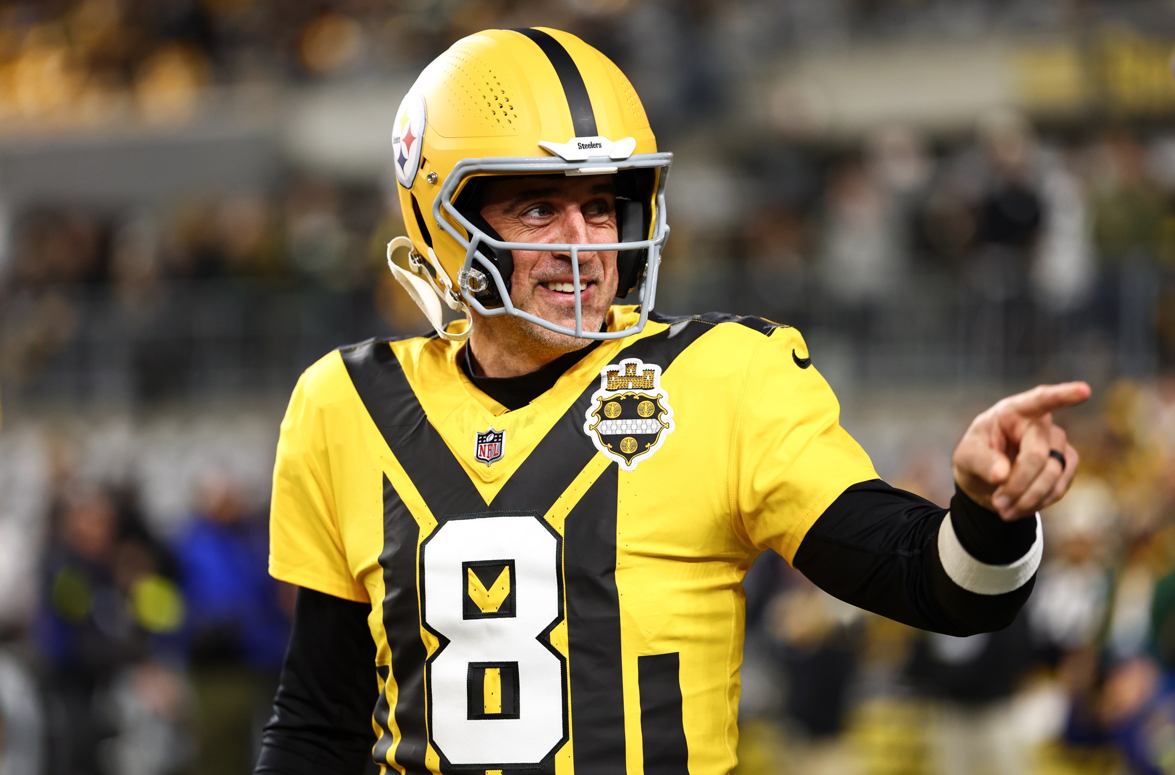 PITTSBURGH, PENNSYLVANIA - OCTOBER 26: Aaron Rodgers #8 of the Pittsburgh Steelers reacts prior to the game against the Green Bay Packers at Acrisure Stadium on October 26, 2025 in Pittsburgh, Pennsylvania. (Photo by Kevin Sabitus/Getty Images)