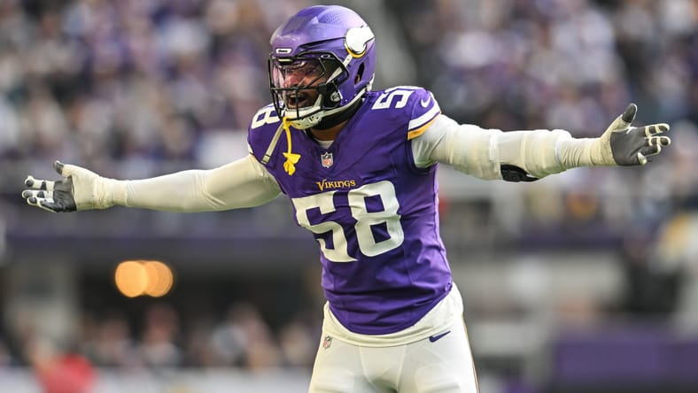 Jonathan Greenard celebrates a defensive stop during a Vikings game against the Arizona Cardinals.