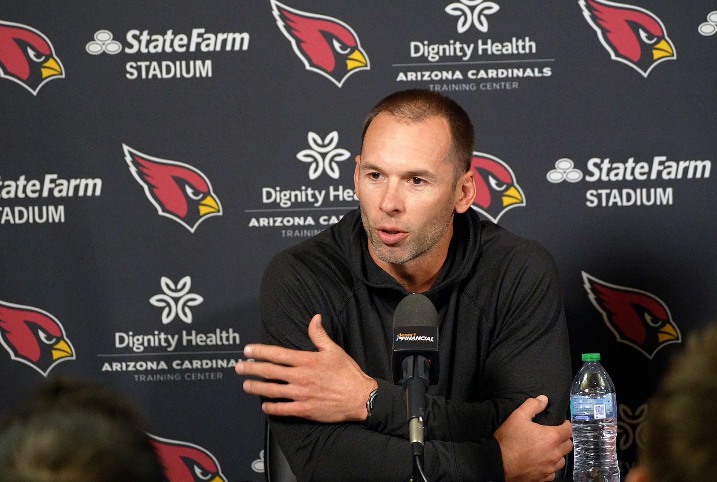 Arizona Cardinals head coach, Jonathan Gannon, discusses the upcoming NFL Draft during a press conference at Dignity Health Arizona Cardinals Training Center in Tempe on April 16, 2025.