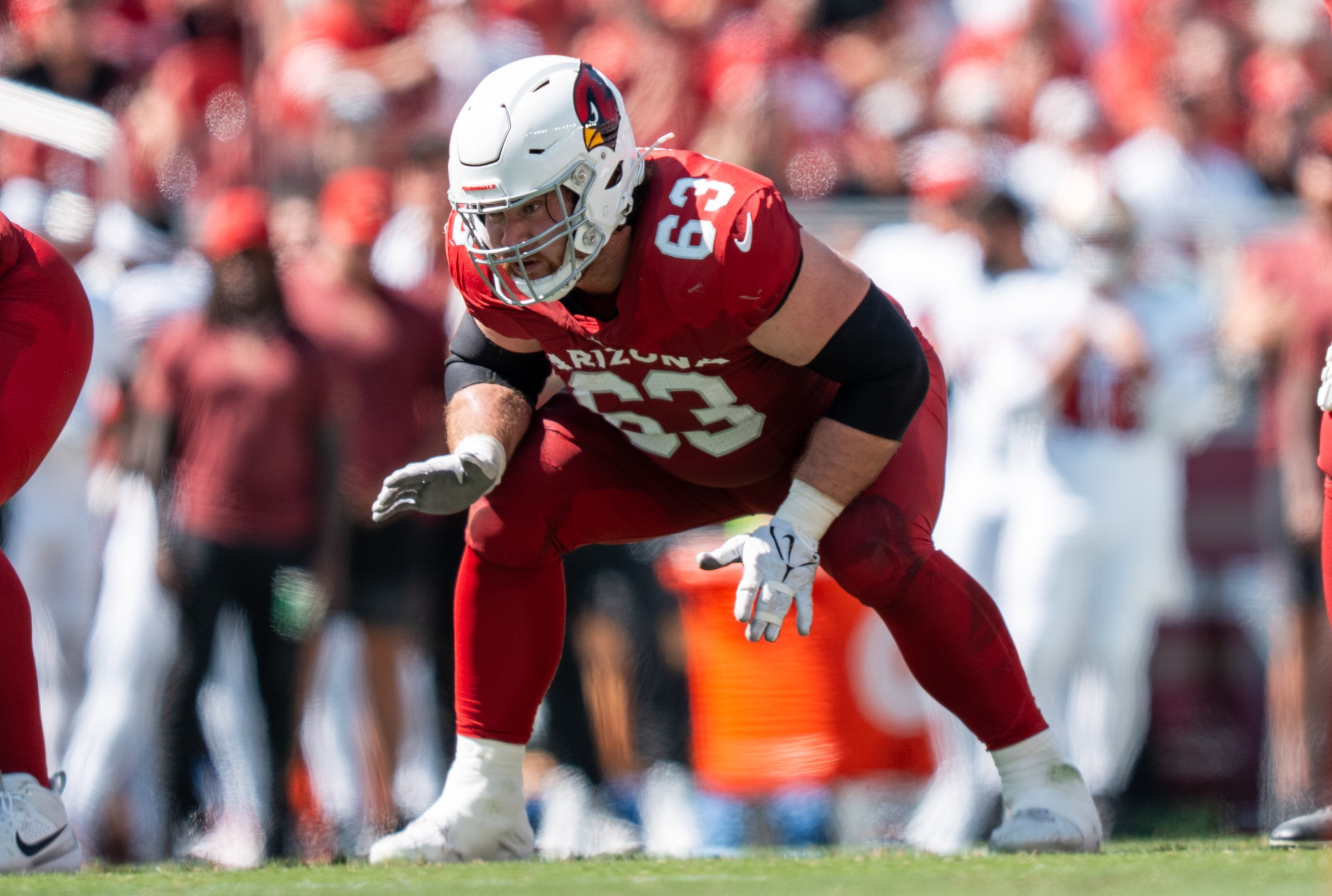 September 21, 2025; Santa Clara, California, USA; Arizona Cardinals guard Evan Brown (63) during the second quarter against the San Francisco 49ers at Levi’s Stadium. Mandatory Credit: Kyle Terada-Imagn Images