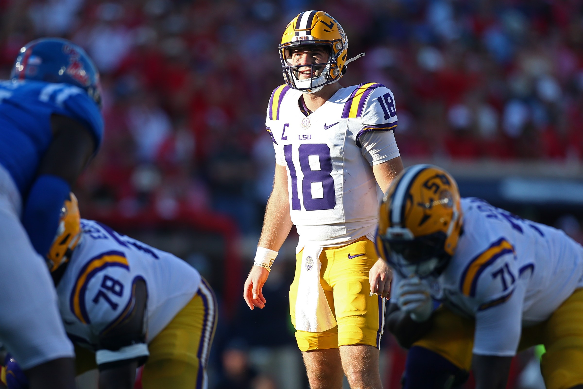 Sep 27, 2025; Oxford, Mississippi, USA; LSU Tigers quarterback Garrett Nussmeier (18) waits for the snap during the third quarter against the Mississippi Rebels at Vaught-Hemingway Stadium. Mandatory Credit: Petre Thomas-Imagn Images