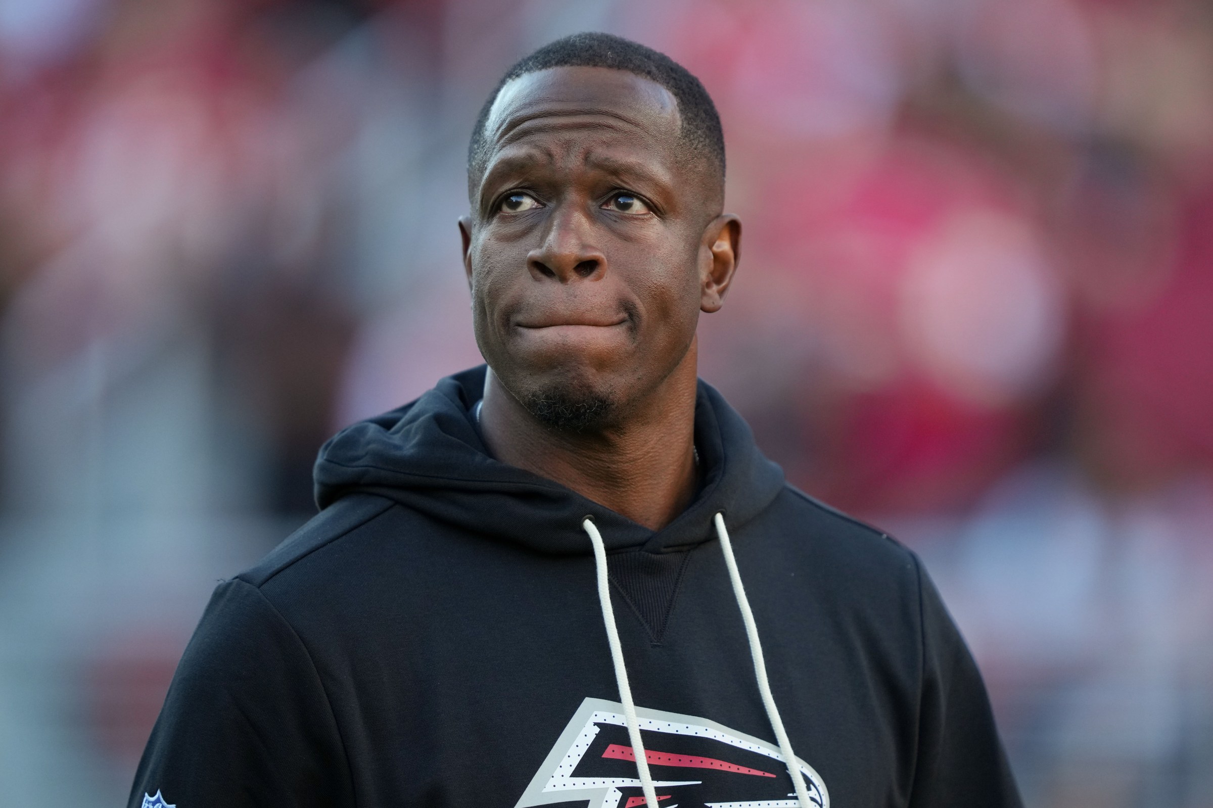 Oct 19, 2025; Santa Clara, California, USA; Atlanta Falcons head coach Raheem Morris prior to the game against the San Francisco 49ers at Levi’s Stadium. Mandatory Credit: Darren Yamashita-Imagn Images