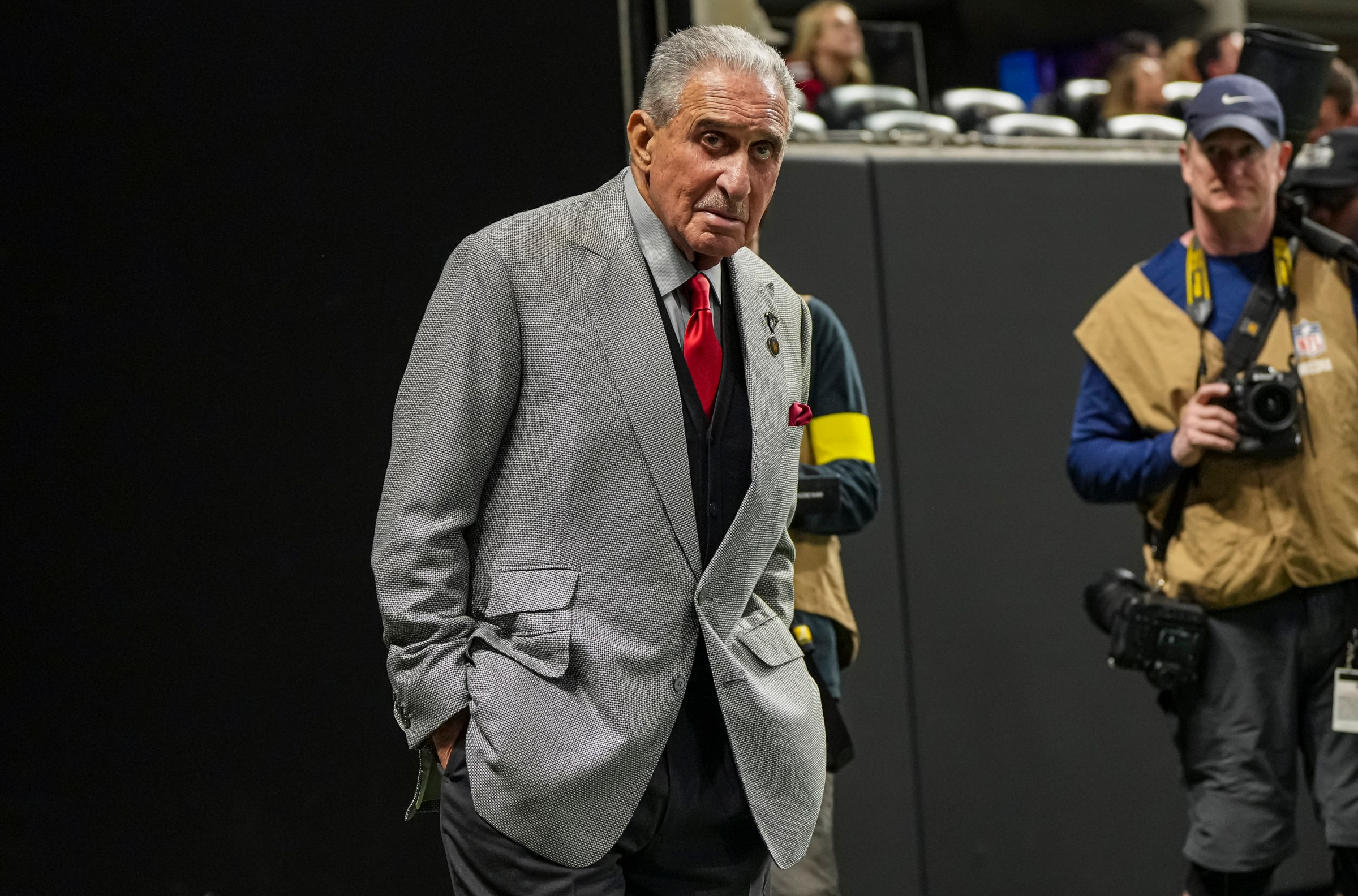 Oct 26, 2025; Atlanta, Georgia, USA; Atlanta Falcons team owner Arthur Blank on the field during the game against the Miami Dolphins during the second half at Mercedes-Benz Stadium. Mandatory Credit: Dale Zanine-Imagn Images