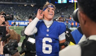 New York Giants' Jaxson Dart reacts after an NFL football game against the Philadelphia Eagles Thursday, Oct. 9, 2025, in East Rutherford, N.J. (AP Photo/Seth Wenig)
