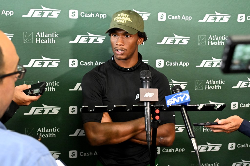 Jets wide receiver Garrett Wilson speaks to the media after practice in Florham Park, NJ.
