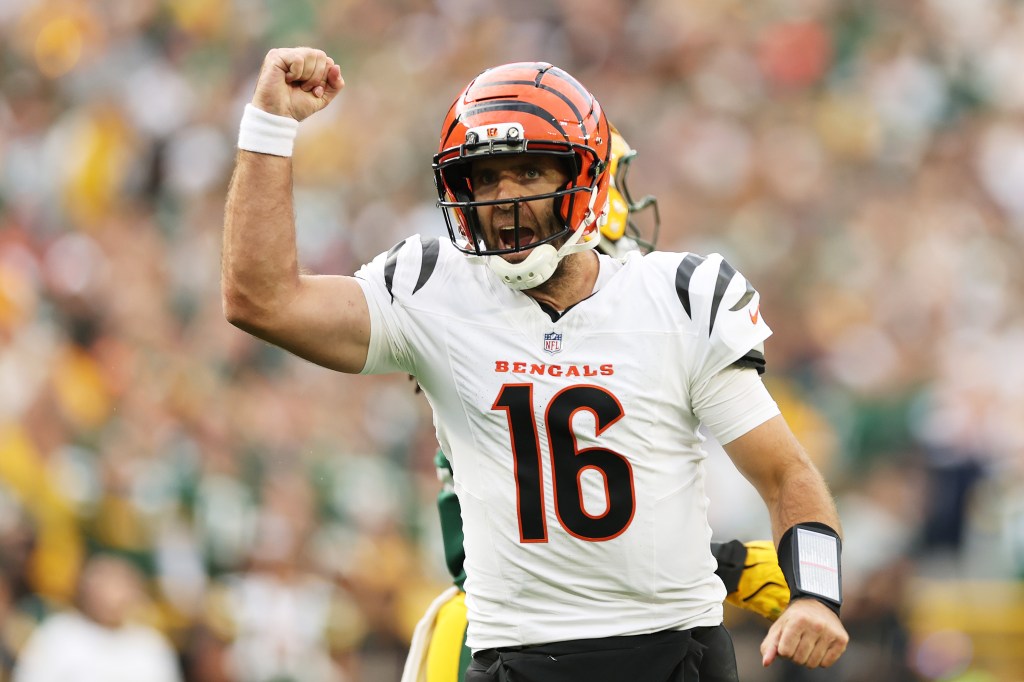 Joe Flacco #16 of the Cincinnati Bengals reacts during the third quarter in the game against the Green Bay Packers at Lambeau Field on October 12, 2025 in Green Bay, Wisconsin.
