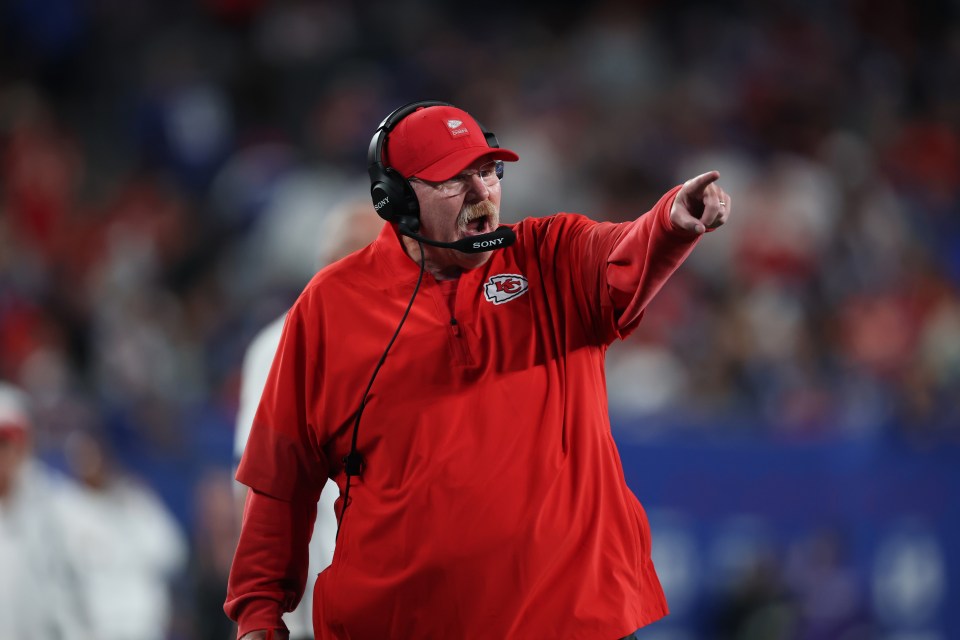 Chiefs coach Andy Reid gestures on the sideline during an NFL game against the Giants
