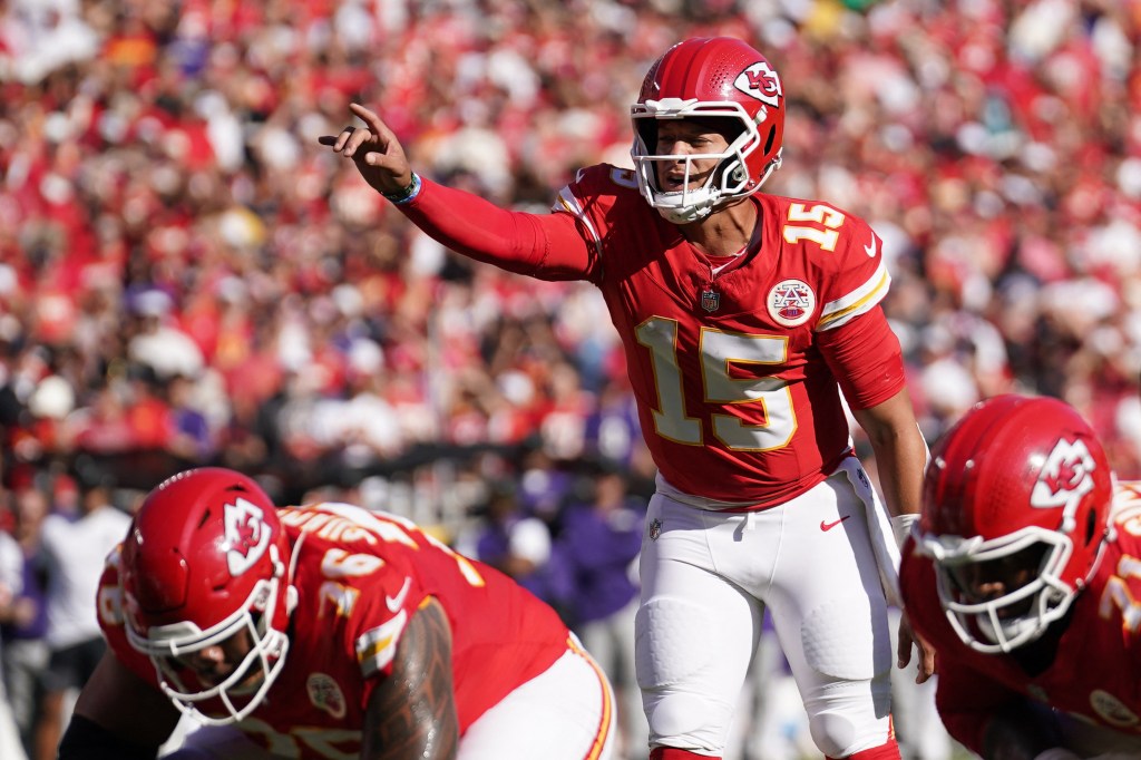 Kansas City Chiefs quarterback Patrick Mahomes (15) calls a play.