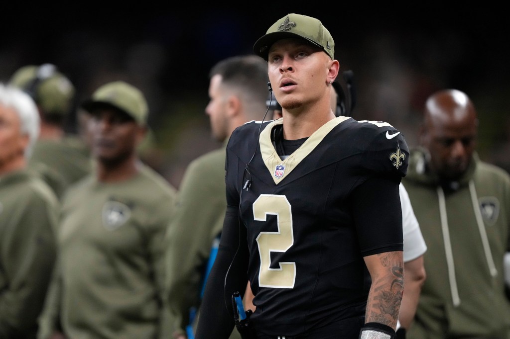 New Orleans Saints quarterback Spencer Rattler (2) looks on from the sideline after being taken out of the game against the Tampa Bay Buccaneers during the second half of an NFL football game Sunday, Oct. 26, 2025, in New Orleans.