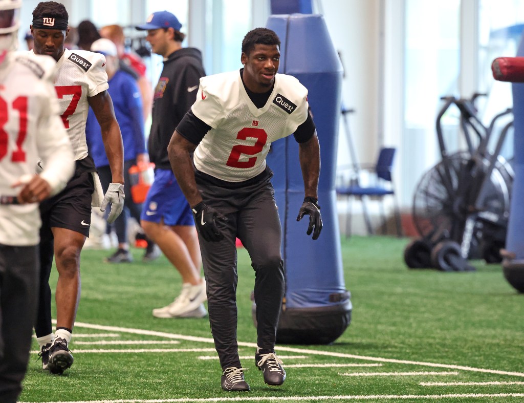 New York Giants cornerback Deonte Banks #2, during practice at the New York Giants training facility in East Rutherford, New Jersey.