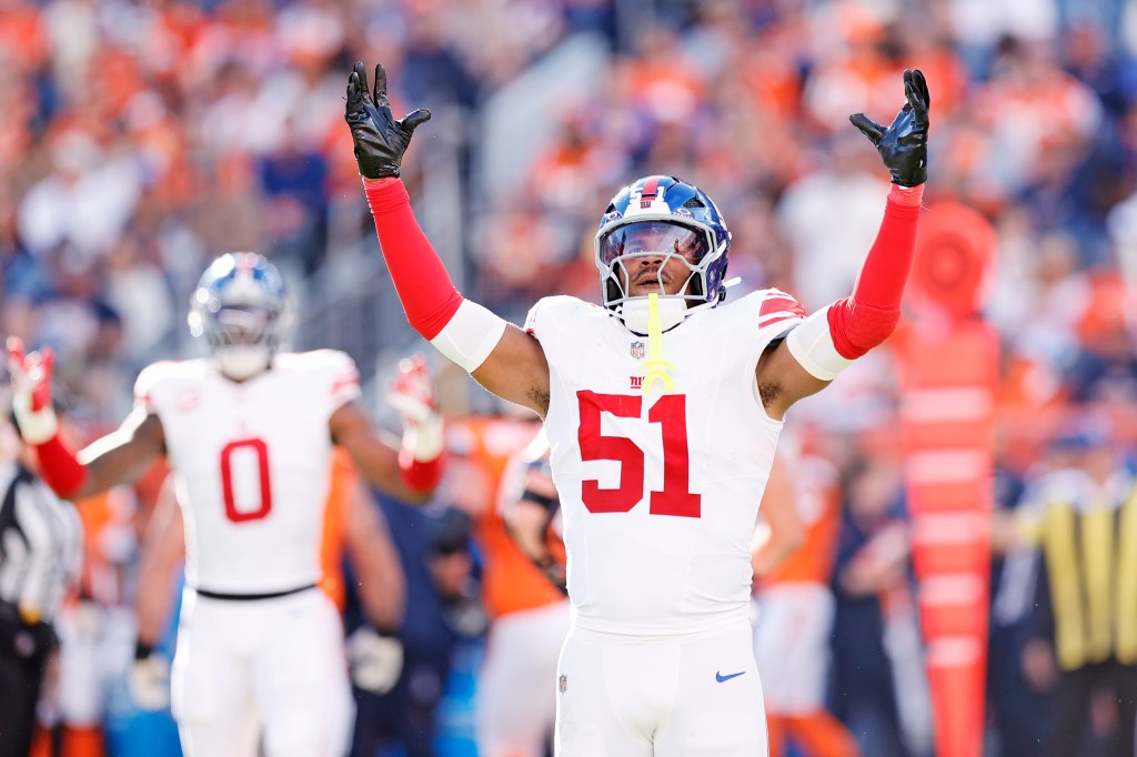Giants linebacker Abdul Carter (51) reacts after a play during the second half against the Denver Broncos at Empower Field at Mile High. 