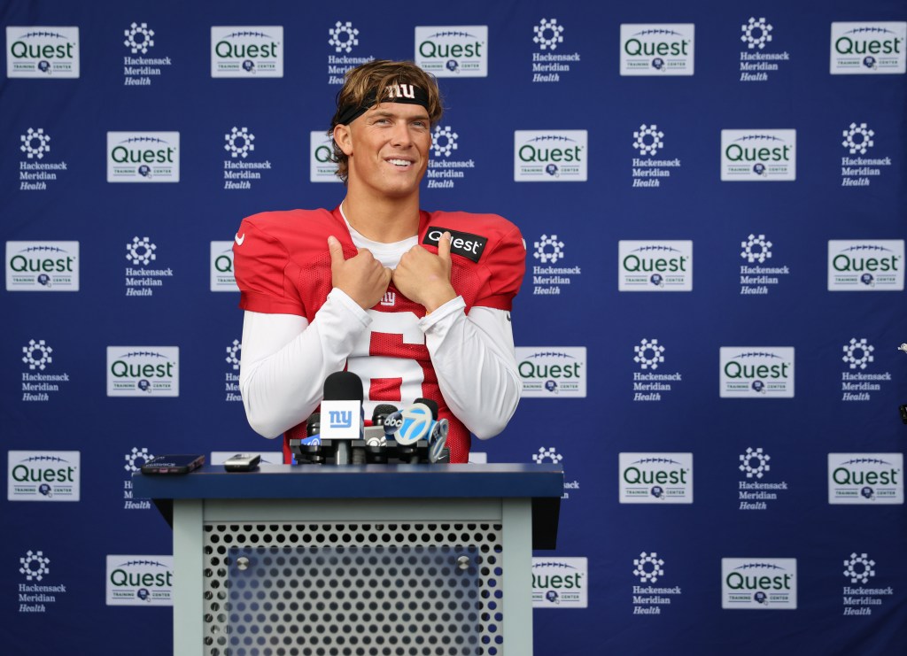 Jaxson Dart #6, speaking to the media after practice at the New York Giants training facility in East Rutherford, New Jersey.