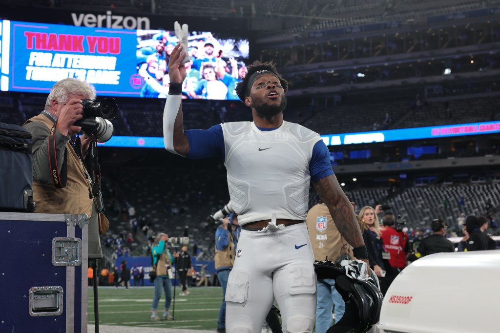 New York Giants running back Tyrone Tracy Jr. (29) celebrates after the game against the Philadelphia Eagles at MetLife Stadium. 