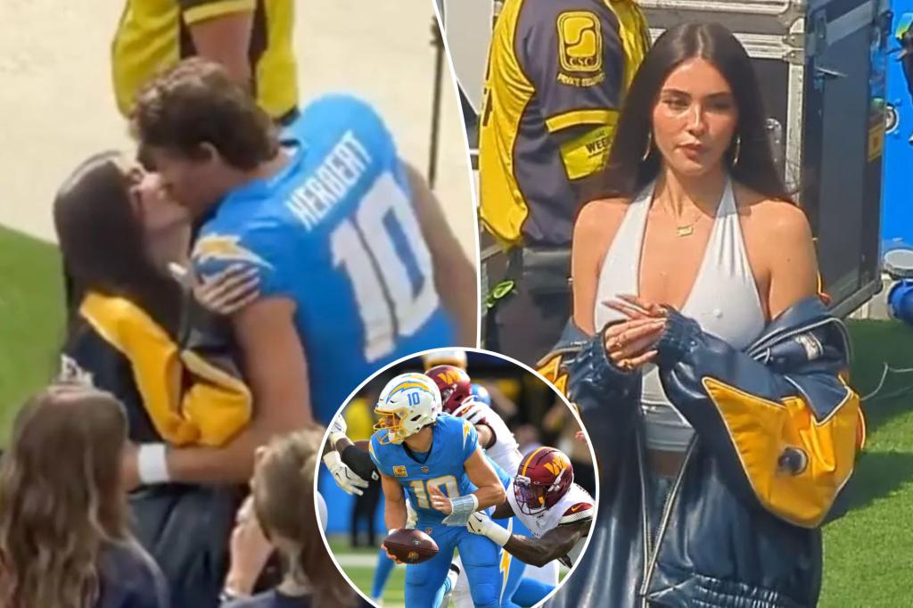 Justin Herbert kisses Madison Beer on sideline before Chargers loss