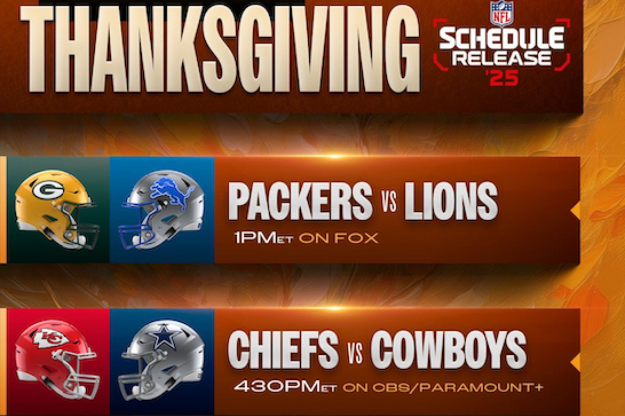 An image collage containing 1 images, Image 1 shows Illustration of the NFL Thanksgiving 2025 schedule, featuring Packers vs. Lions, Chiefs vs. Cowboys, and Bengals vs. Ravens