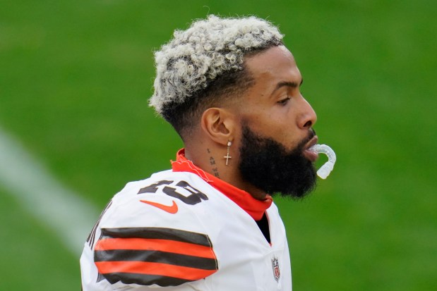 Cleveland Browns wide receiver Odell Beckham Jr. (13) on the sideline against the Pittsburgh Steelers during the second half of an NFL football game, Sunday, Oct. 18, 2020, in Pittsburgh. (AP Photo/Gene J. Puskar)