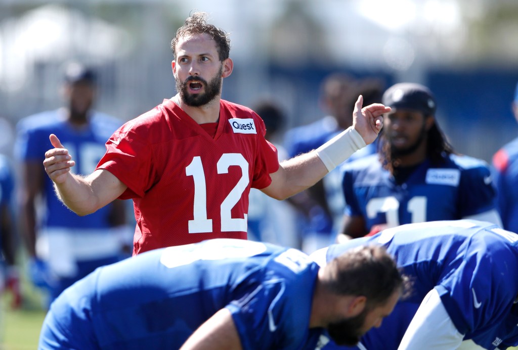 New York Giants quarterback Davis Webb (12) participating in practice drills during training camp.