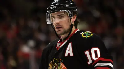 Jan 11, 2009, Chicago, IL, USA; Chicago Blackhawks right wing Patrick Sharp (10) waits to take a face off during the second period against the Nashville Predators at the United Center. The Blackhawks beat the Predators 3-1.