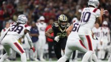 Oct 12, 2025; New Orleans, Louisiana, USA; New Orleans Saints defensive end Chase Young (99) rushes during the second half against the New England Patriots at Caesars Superdome. Mandatory Credit: Stephen Lew-Imagn Images