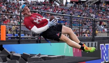 Arizona Cardinals tight end Trey McBride celebrates his touchdown jumping in a foam pit during the NFL Pro Bowl football game, Feb. 2, 2025, in Orlando, Fla. (AP Photo/John Raoux, File)