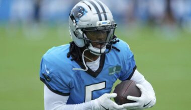 Carolina Panthers running back Rico Dowdle participates during an NFL football training camp, Friday, Aug. 1, 2025, in Charlotte, N.C. (AP File Photo/Chris Carlson)