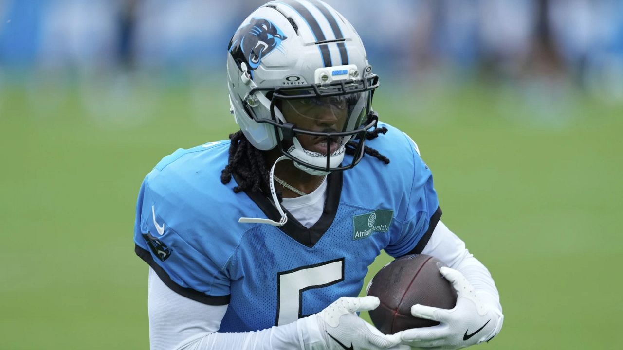 Carolina Panthers running back Rico Dowdle participates during an NFL football training camp, Friday, Aug. 1, 2025, in Charlotte, N.C. (AP File Photo/Chris Carlson)
