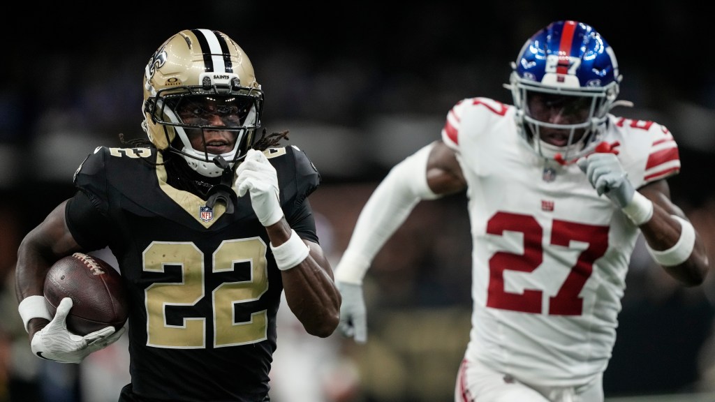 Tyler Nubin is beat by Rashid Shaheed for a touchdown during the Giants-Saints game on Oct. 5, 2025. 