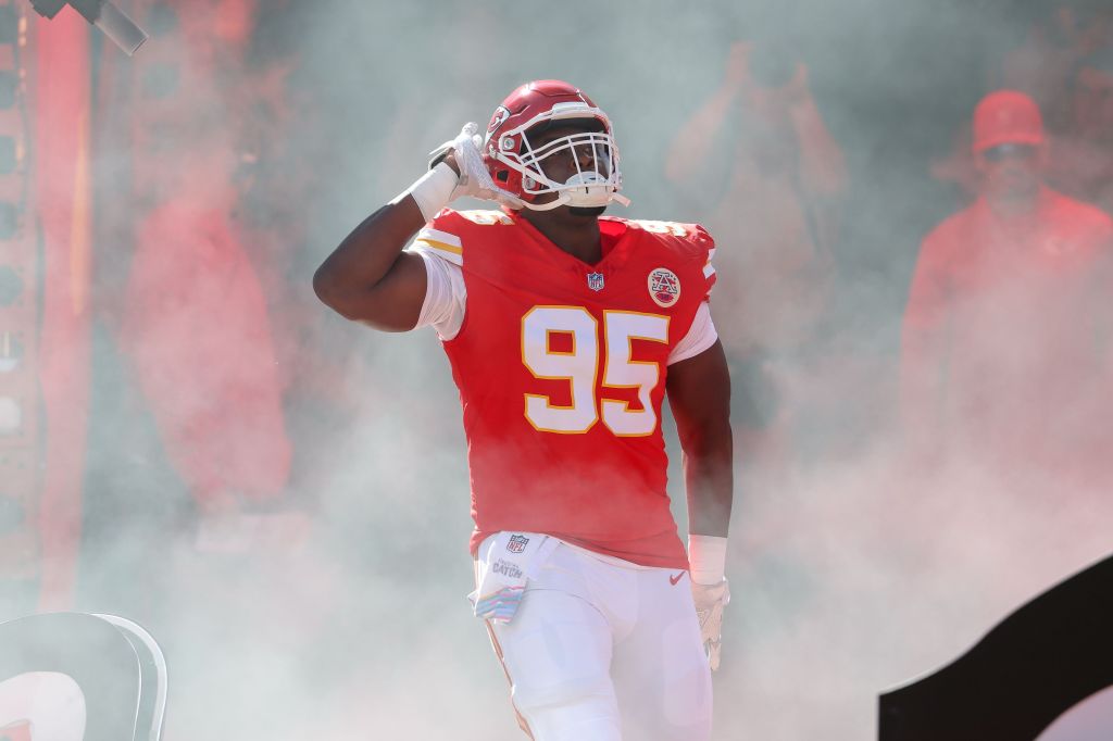 Kansas City Chiefs defensive end Chris Jones (95) is introduced before an NFL football game against the Las Vegas Raiders at GEHA Field at Arrowhead Stadium in Kansas City, MO.