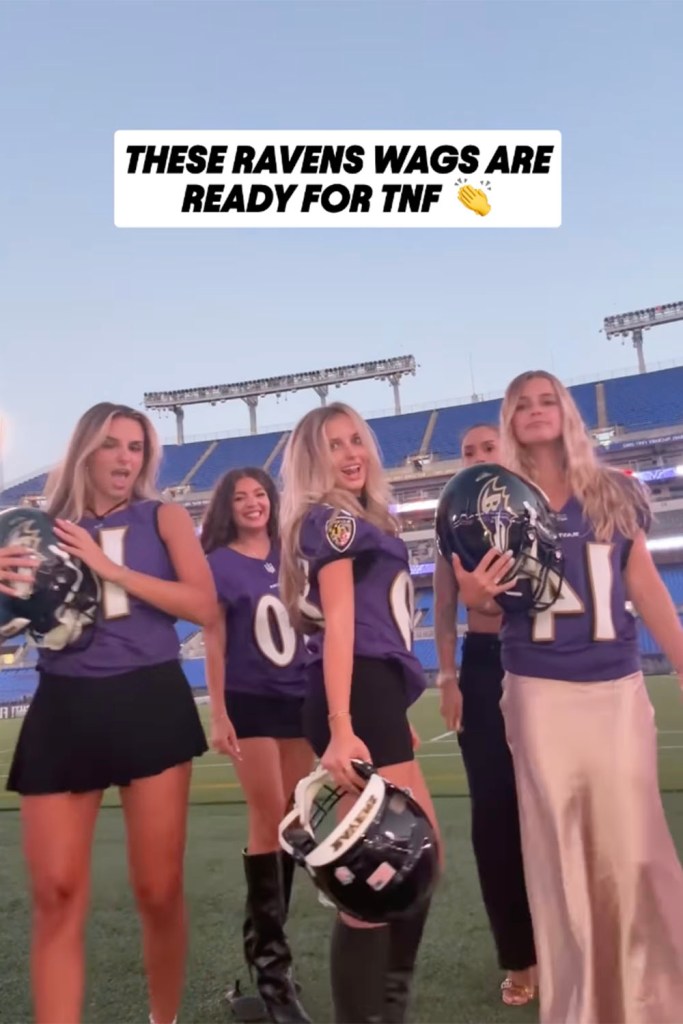 The wives and girlfriends of Ravens players sported their jerseys and helmets ahead of Thursday's game against the Falcons. 