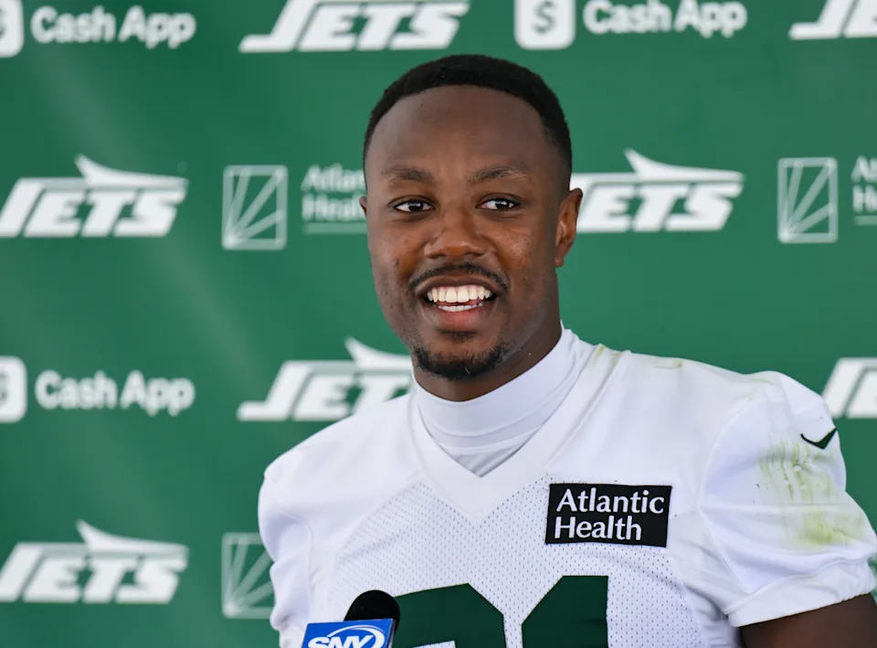 Jul 24, 2025; Florham Park, NY, USA; New York Jets cornerback Brandon Stephens (21) speaks to the media during training camp at Atlantic Health Jets Training Center. Mandatory Credit: John Jones-Imagn Images