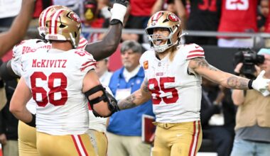 San Francisco 49ers tight end George Kittle celebrates a touchdown against the Arizona Cardinals
