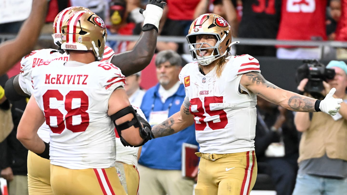 San Francisco 49ers tight end George Kittle celebrates a touchdown against the Arizona Cardinals