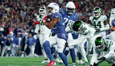 Nov 13, 2025; Foxborough, Massachusetts, USA; New England Patriots running back TreVeyon Henderson (32) celebrates after scoring a touchdown during the second half against the New York Jets at Gillette Stadium. Mandatory Credit: David Butler II-Imagn Images