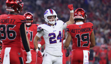 Nov 20, 2025; Houston, Texas, USA; Buffalo Bills safety Cole Bishop (24) reacts after a play against the Houston Texans in the second quarter at NRG Stadium. Mandatory Credit: Troy Taormina-Imagn Images