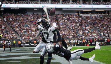 Nov 2, 2025; Paradise, Nevada, USA; Jacksonville Jaguars wide receiver Brian Thomas Jr. (7) attempts a catch during the first half against the Las Vegas Raiders at Allegiant Stadium. Mandatory Credit: Kirby Lee-Imagn Images