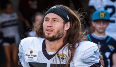 Jaguars Dennis Gardeck (57) jogs onto the field before an NFL scrimmage at EverBank Stadium Friday August 1, 2025, in Jacksonville, Fla.