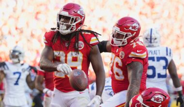 Nov 23, 2025; Kansas City, Missouri, USA; Kansas City Chiefs running back Kareem Hunt (29) celebrates after scoring a touchdown against the Indianapolis Colts in the second half at GEHA Field at Arrowhead Stadium. Mandatory Credit: Jay Biggerstaff-Imagn Images