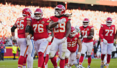 Nov 23, 2025; Kansas City, Missouri, USA; Kansas City Chiefs running back Kareem Hunt (29) celebrates after scoring a touchdown against the Indianapolis Colts in the second half at GEHA Field at Arrowhead Stadium. Mandatory Credit: Jay Biggerstaff-Imagn Images