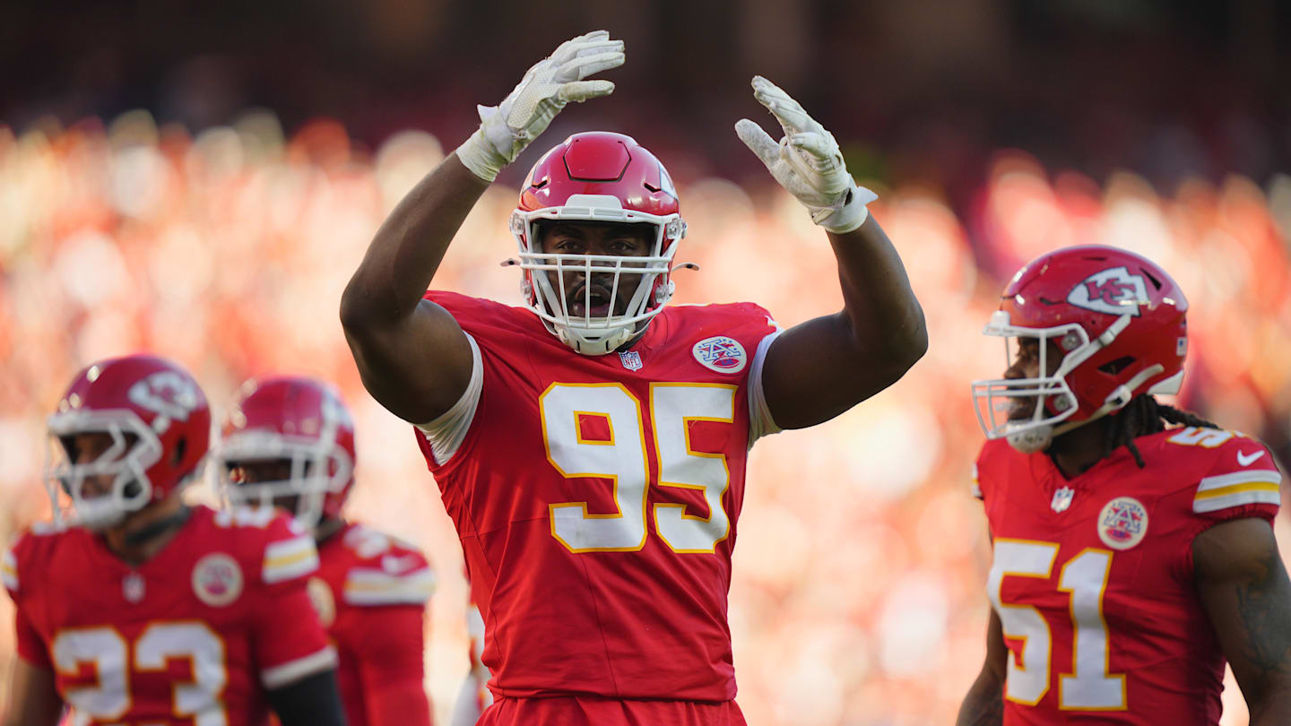 Nov 23, 2025; Kansas City, Missouri, USA; Kansas City Chiefs defensive tackle Chris Jones (95) reacts in the second half against the Indianapolis Colts at GEHA Field at Arrowhead Stadium. Mandatory Credit: Jay Biggerstaff-Imagn Images