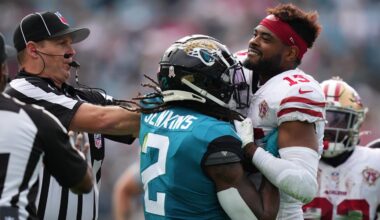Nov 21, 2021; Jacksonville, Florida, USA; Jacksonville Jaguars free safety Rayshawn Jenkins (2) fights with San Francisco 49ers wide receiver Jauan Jennings (15), Jenkins would be disqualified from the game from a personal foul penalty during the first half at TIAA Bank Field.