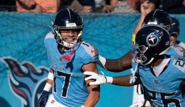 Tennessee wide receiver Chimere Dike (17) his 90 yard punt return for a touchdown against Seattle during their game at Nissan Stadium Sunday, Nov. 23, 2025.
