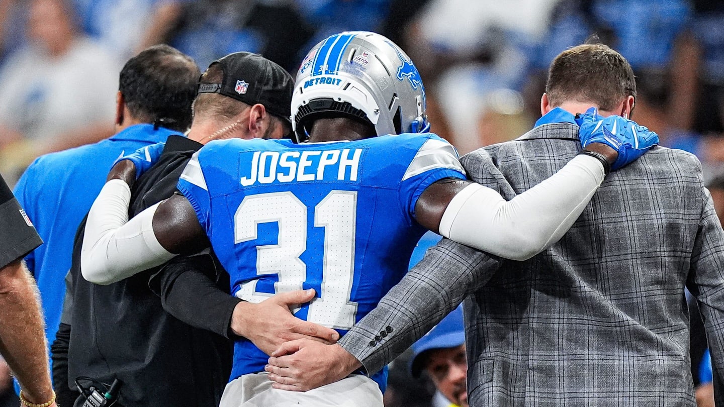 Detroit Lions safety Kerby Joseph (31) walks off the field due to an injury during the first half against Cleveland Browns at Ford Field in Detroit on Sunday, Sept. 28, 2025.