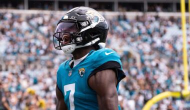 Jacksonville Jaguars wide receiver Brian Thomas Jr. (7) celebrates his touchdown during the second quarter of an NFL football game between the Carolina Panthers at Jacksonville Jaguars at EverBank Stadium Sunday September 7, 2025. [Doug Engle/Florida Times-Union]