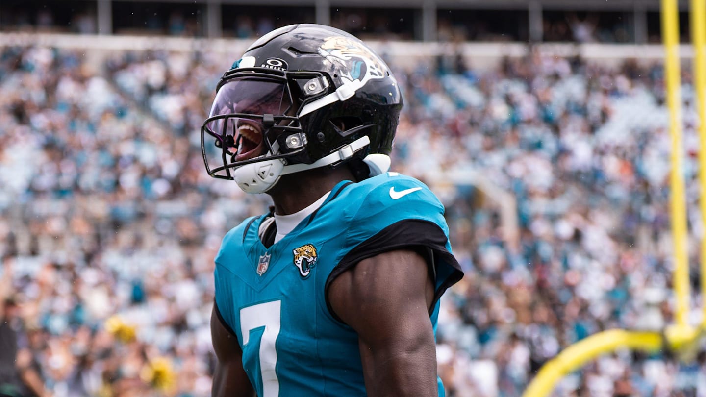 Jacksonville Jaguars wide receiver Brian Thomas Jr. (7) celebrates his touchdown during the second quarter of an NFL football game between the Carolina Panthers at Jacksonville Jaguars at EverBank Stadium Sunday September 7, 2025. [Doug Engle/Florida Times-Union]