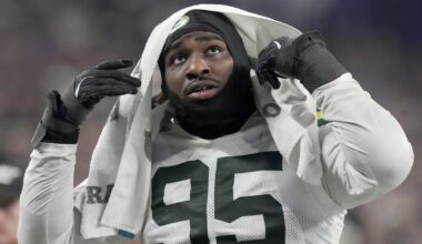 Green Bay Packers defensive tackle Devonte Wyatt (95) heads to the locker room during the third quarter of their game Sunday, December 29, 2024 at U.S. Bank Stadium in Minneapolis, Minnesota. The Minnesota Vikings beat the Green Bay Packers 27-25.