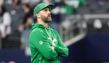 Nov 23, 2025; Arlington, Texas, USA; Philadelphia Eagles head coach Nick Sirianni looks on before the game against the Dallas Cowboys at AT&T Stadium. Mandatory Credit: Kevin Jairaj-Imagn Images