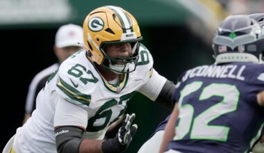 Green Bay Packers guard Donovan Jennings (67) is shown during the first quarter of their preseason game against the Seattle Seahawks Saturday, August 23, 2025 at Lambeau Field in Green Bay, Wisconsin.
